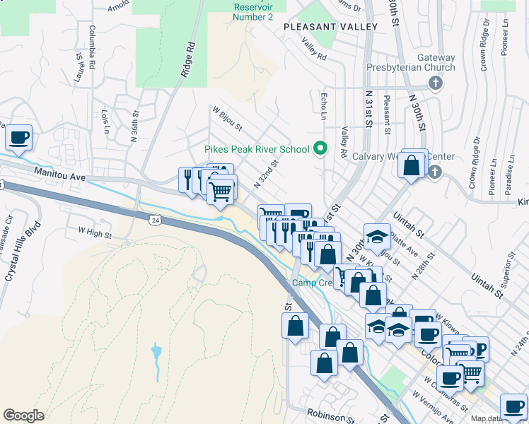 map of restaurants, bars, coffee shops, grocery stores, and more near 3150 Colorado Avenue in Colorado Springs