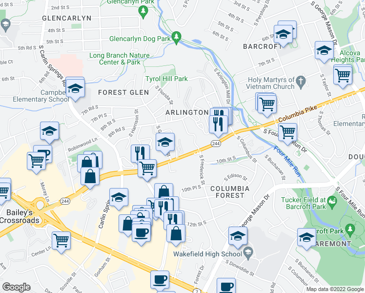 map of restaurants, bars, coffee shops, grocery stores, and more near 5353 Columbia Pike in Arlington