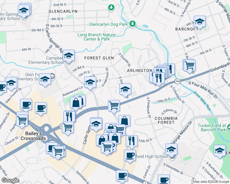 map of restaurants, bars, coffee shops, grocery stores, and more near 0 Arlington Boulevard in Arlington