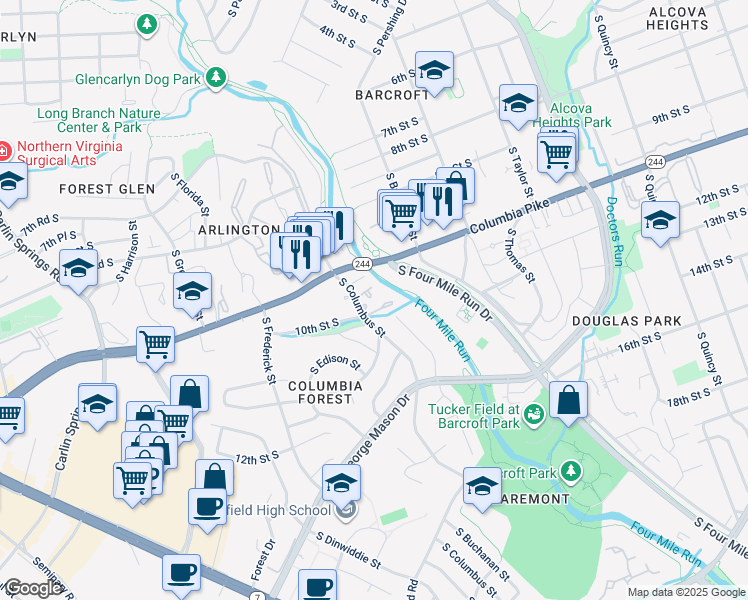 map of restaurants, bars, coffee shops, grocery stores, and more near 955 South Columbus Street in Arlington