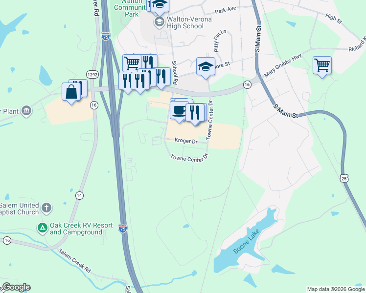 map of restaurants, bars, coffee shops, grocery stores, and more near 12600 Towne Center Dr in Walton