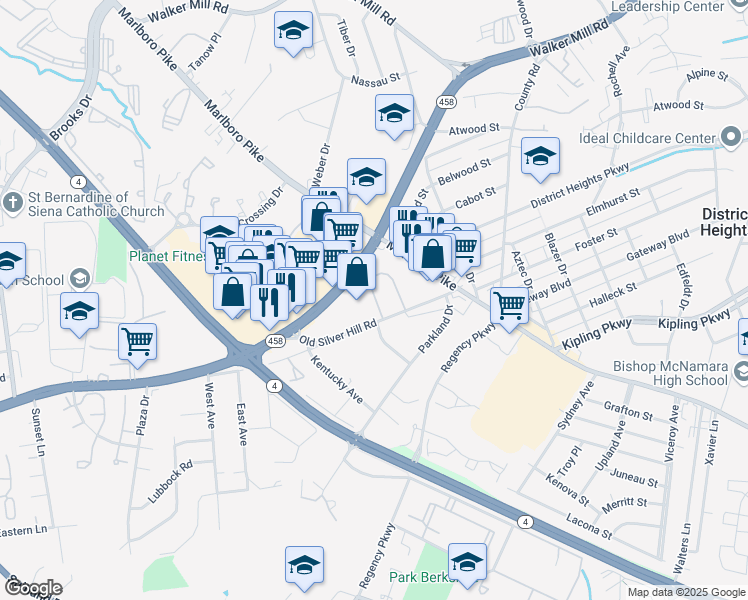 map of restaurants, bars, coffee shops, grocery stores, and more near 6004 Parkland Court in District Heights