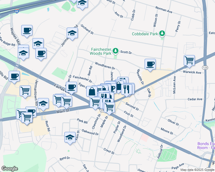 map of restaurants, bars, coffee shops, grocery stores, and more near 3831 Hill Street in Fairfax
