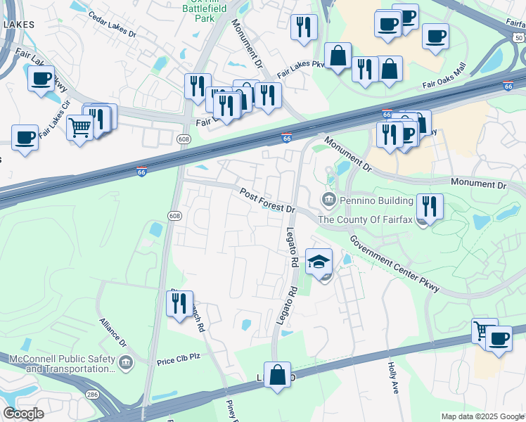 map of restaurants, bars, coffee shops, grocery stores, and more near 12108 Garden Grove Circle in Fairfax