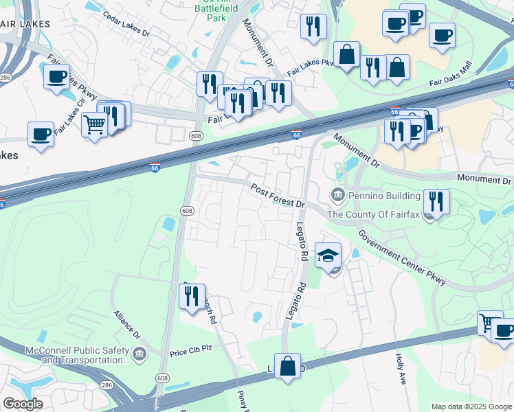 map of restaurants, bars, coffee shops, grocery stores, and more near 12233 Water Elm Lane in Fairfax