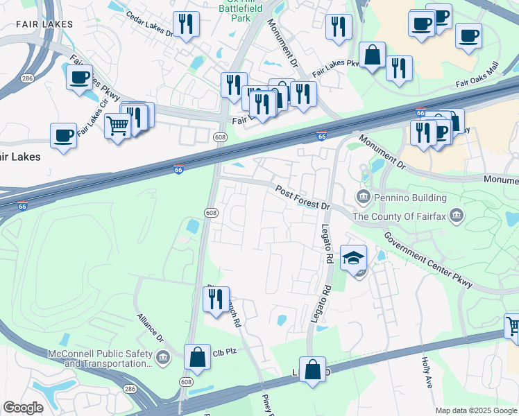 map of restaurants, bars, coffee shops, grocery stores, and more near 4468 Black Ironwood Dr in Fairfax