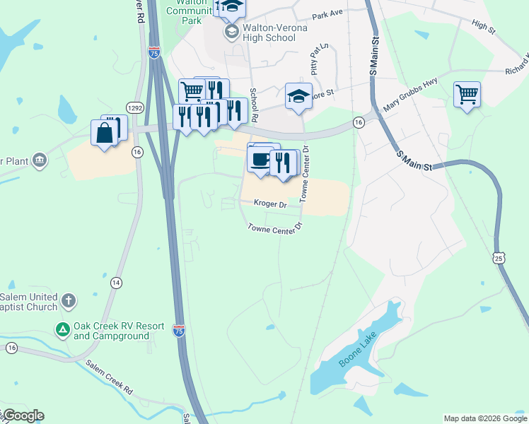 map of restaurants, bars, coffee shops, grocery stores, and more near 12600 Towne Center Dr in Walton