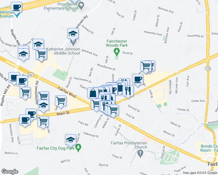 map of restaurants, bars, coffee shops, grocery stores, and more near 3831 Hill Street in Fairfax