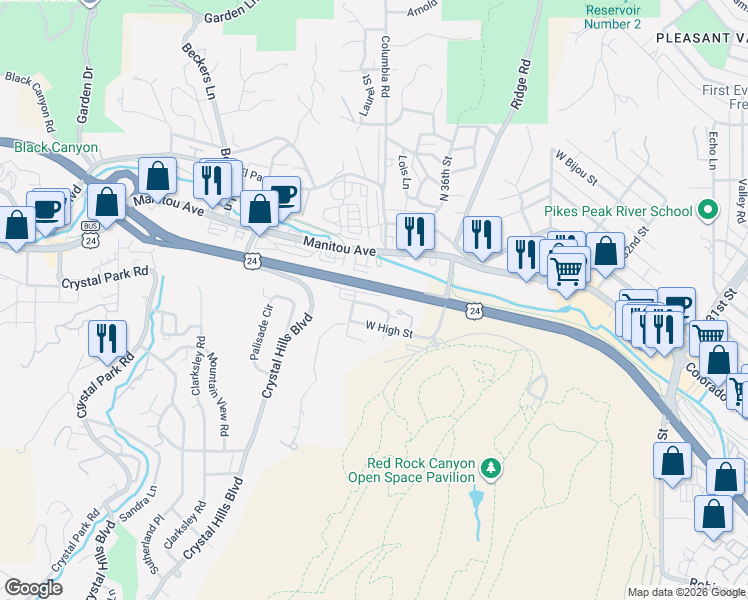 map of restaurants, bars, coffee shops, grocery stores, and more near 3616 West High Street in Colorado Springs