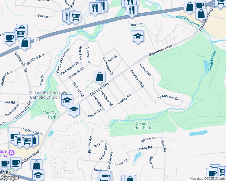 map of restaurants, bars, coffee shops, grocery stores, and more near 3606 Embassy Lane in Fairfax