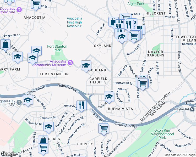 map of restaurants, bars, coffee shops, grocery stores, and more near 2306 Hartford Street Southeast in Washington