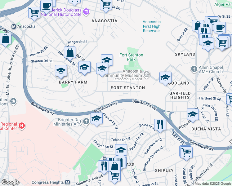 map of restaurants, bars, coffee shops, grocery stores, and more near 1713 Gainesville Street Southeast in Washington