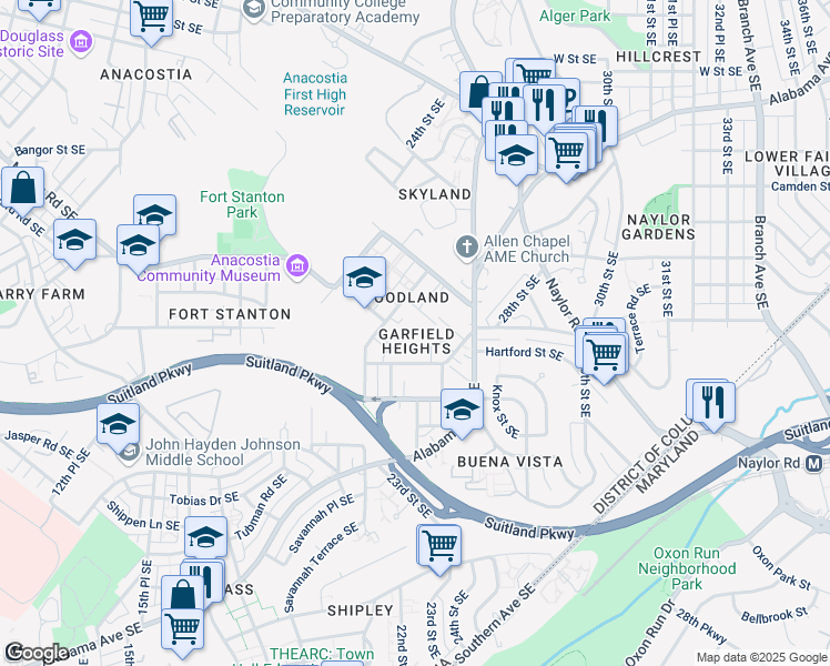 map of restaurants, bars, coffee shops, grocery stores, and more near 2306 Hartford Street Southeast in Washington