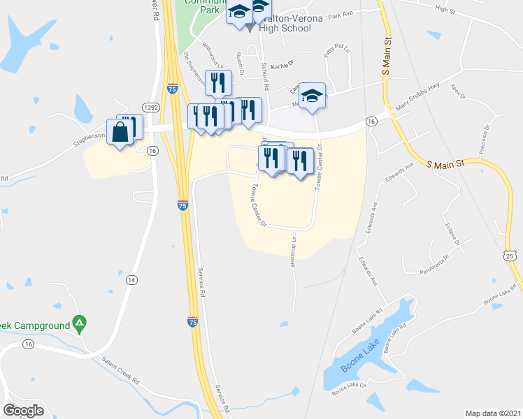 map of restaurants, bars, coffee shops, grocery stores, and more near 13000 Towne Center Drive in Walton