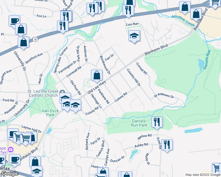 map of restaurants, bars, coffee shops, grocery stores, and more near 3606 Embassy Lane in Fairfax