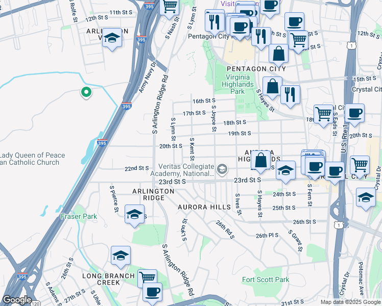 map of restaurants, bars, coffee shops, grocery stores, and more near 2020 South Kent Street in Arlington