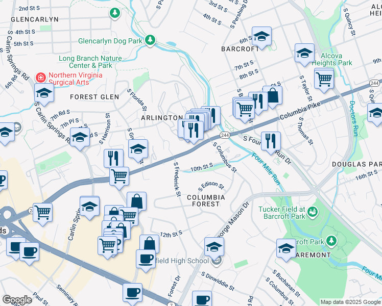 map of restaurants, bars, coffee shops, grocery stores, and more near 5110 Columbia Pike in Arlington