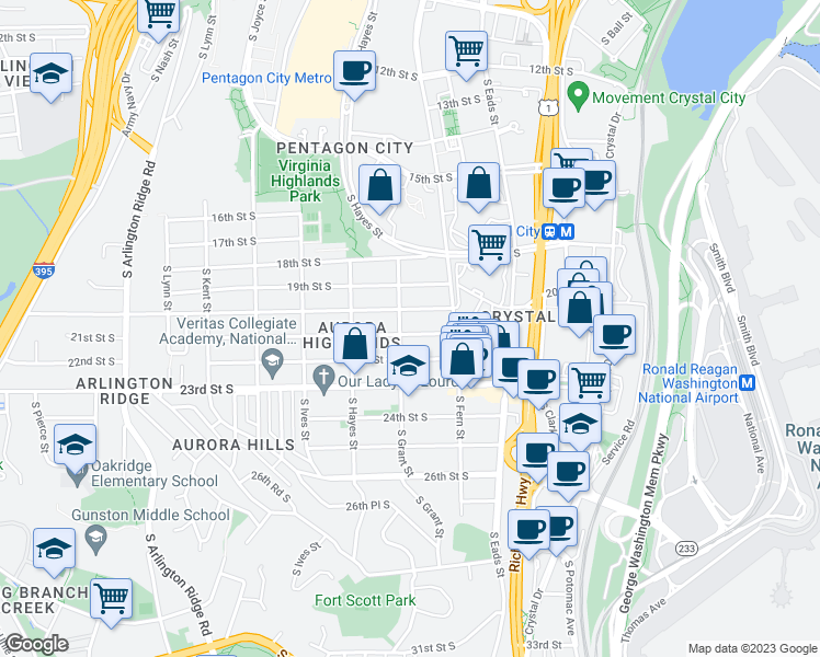 map of restaurants, bars, coffee shops, grocery stores, and more near 637 21st Street South in Arlington