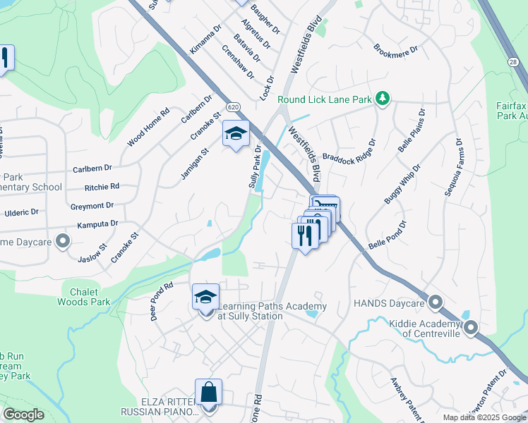 map of restaurants, bars, coffee shops, grocery stores, and more near 14646 Stone Crossing Court in Centreville