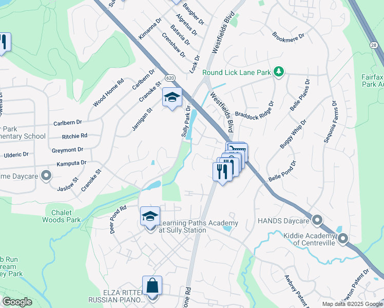 map of restaurants, bars, coffee shops, grocery stores, and more near 14646 Stone Crossing Court in Centreville