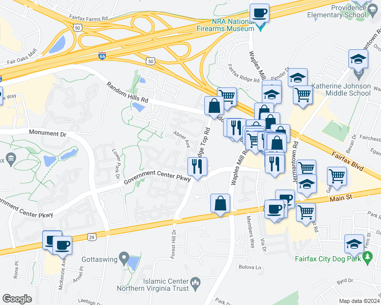 map of restaurants, bars, coffee shops, grocery stores, and more near 11415 Abner Avenue in Fairfax