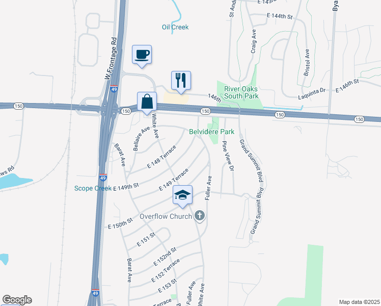 map of restaurants, bars, coffee shops, grocery stores, and more near 6402 East 149 Terrace in Grandview