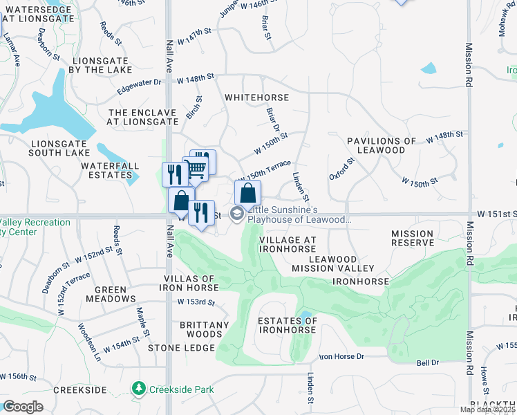 map of restaurants, bars, coffee shops, grocery stores, and more near 5183 West 150th Place in Overland Park