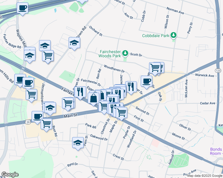map of restaurants, bars, coffee shops, grocery stores, and more near 3828 Hill Street in Fairfax