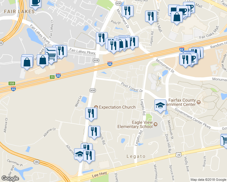 map of restaurants, bars, coffee shops, grocery stores, and more near 4466 Black Ironwood Drive in Fairfax