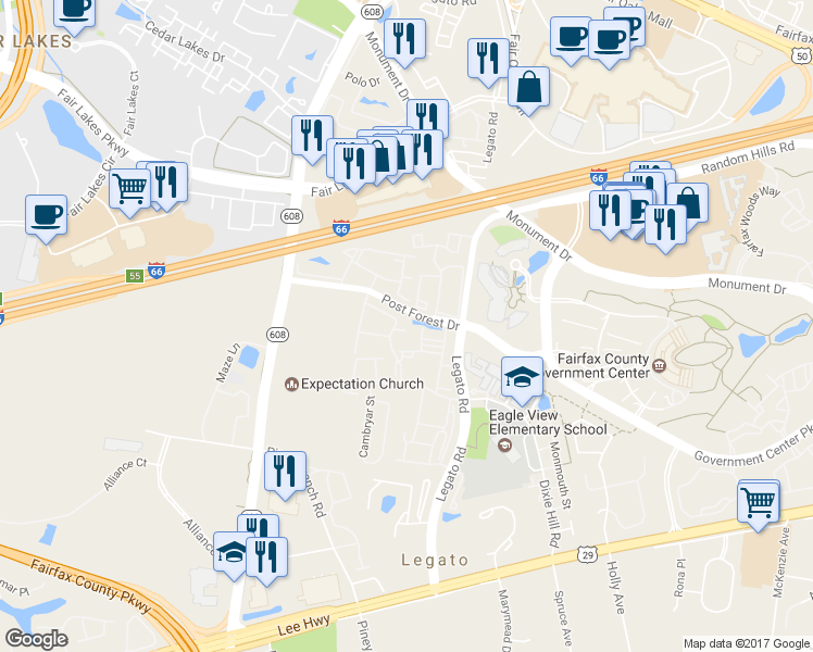 map of restaurants, bars, coffee shops, grocery stores, and more near 12210 Silver Cypress Terrace in Fairfax