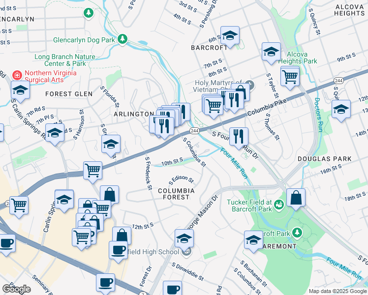 map of restaurants, bars, coffee shops, grocery stores, and more near 4990 Columbia Pike in Arlington