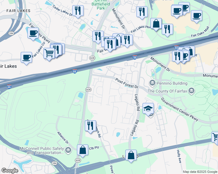 map of restaurants, bars, coffee shops, grocery stores, and more near 4466 Black Ironwood Drive in Fairfax