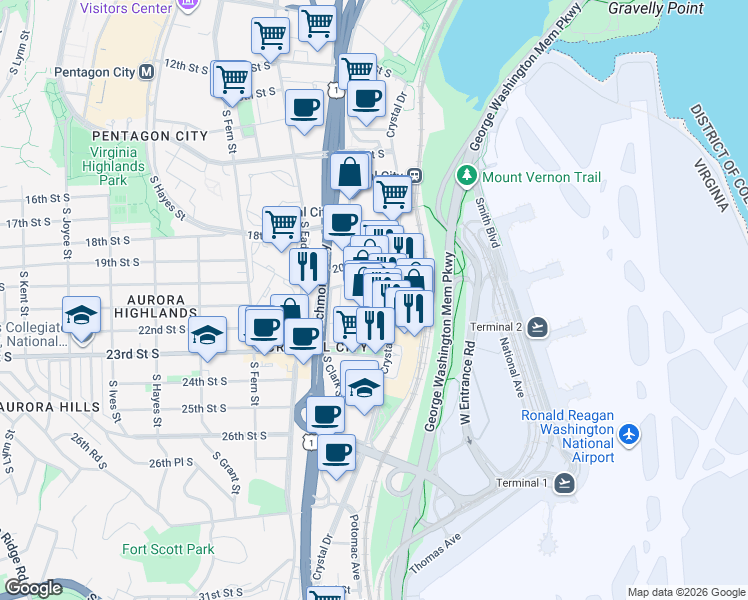 map of restaurants, bars, coffee shops, grocery stores, and more near 2100 Crystal Drive in Arlington