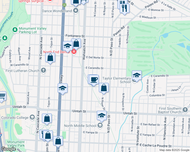 map of restaurants, bars, coffee shops, grocery stores, and more near 1422 North Corona Street in Colorado Springs