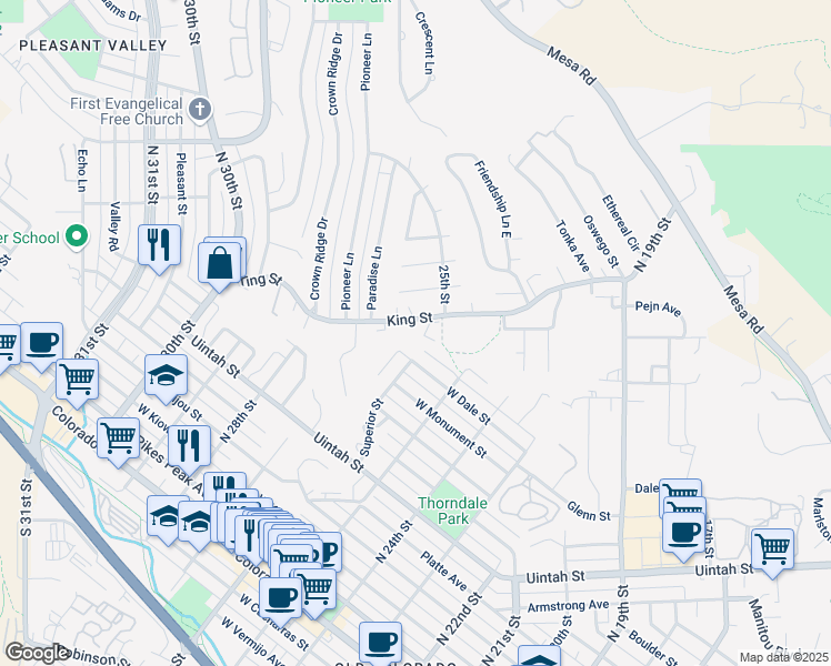 map of restaurants, bars, coffee shops, grocery stores, and more near 2530 West Dale Street in Colorado Springs