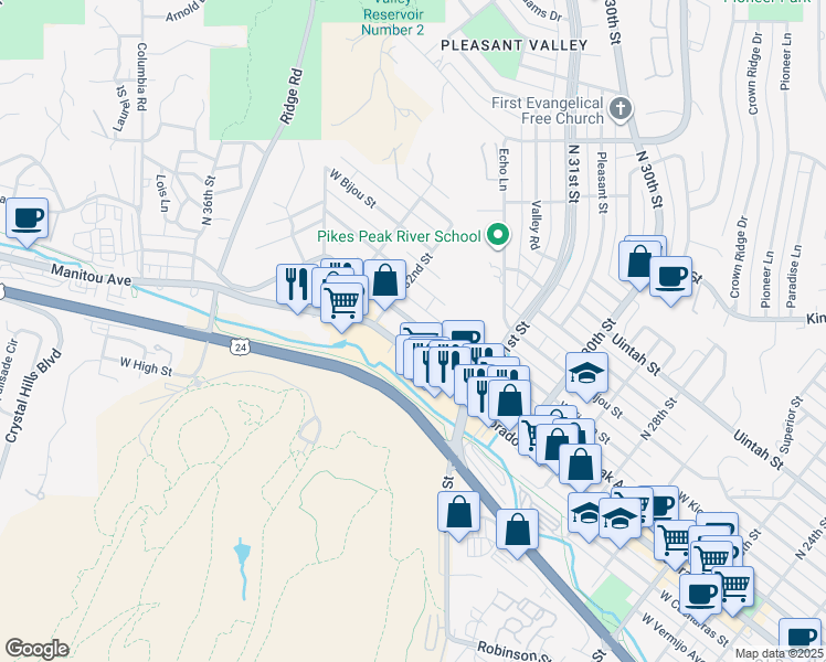 map of restaurants, bars, coffee shops, grocery stores, and more near 3150 Colorado Avenue in Colorado Springs