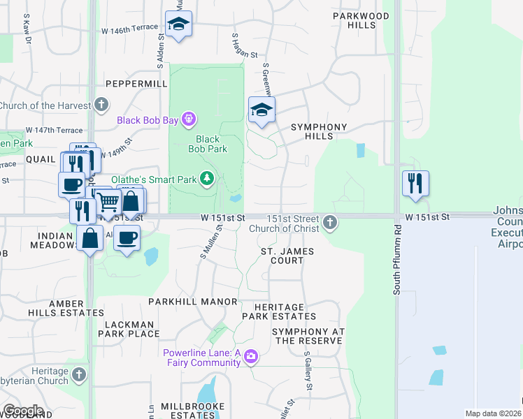 map of restaurants, bars, coffee shops, grocery stores, and more near 14178 West 151st Terrace in Olathe