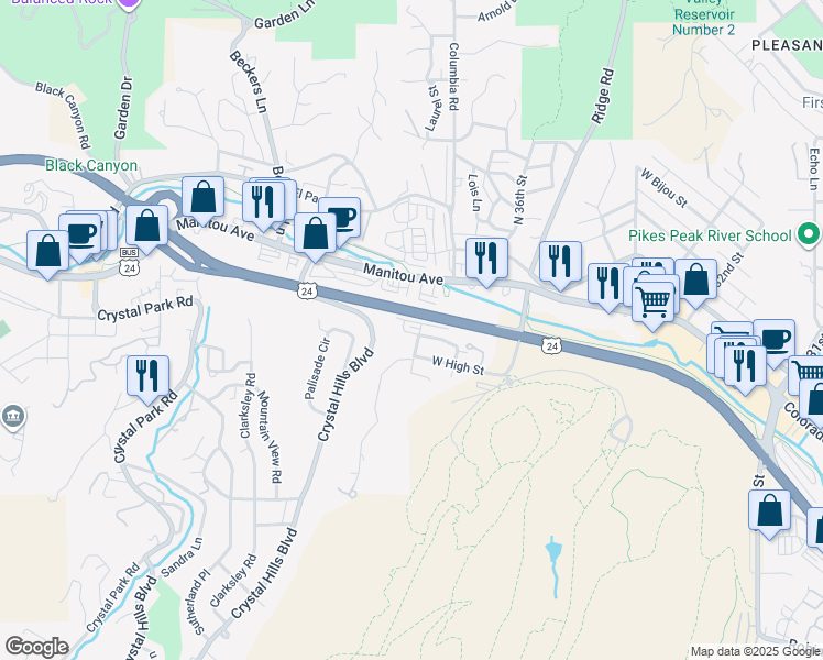 map of restaurants, bars, coffee shops, grocery stores, and more near 3732 West High Street in Colorado Springs