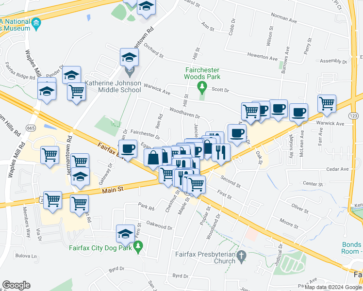 map of restaurants, bars, coffee shops, grocery stores, and more near 3828 Hill Street in Fairfax