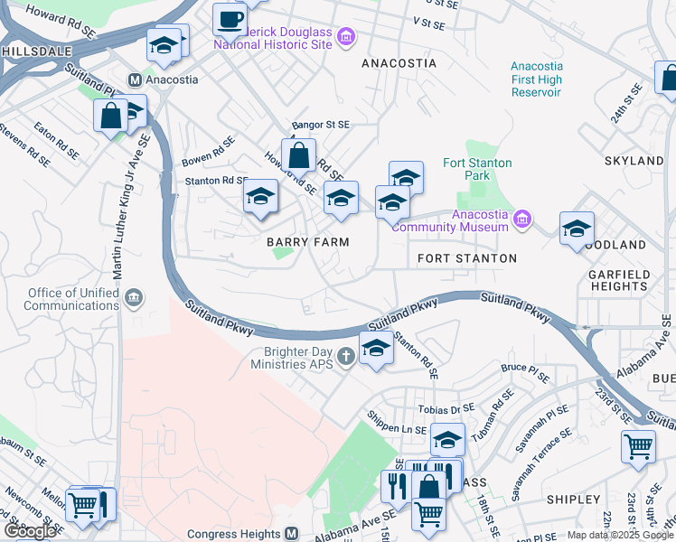 map of restaurants, bars, coffee shops, grocery stores, and more near 2440 James Banks Road Southeast in Washington