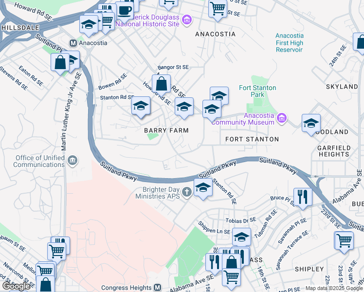 map of restaurants, bars, coffee shops, grocery stores, and more near 2440 James Banks Road Southeast in Washington