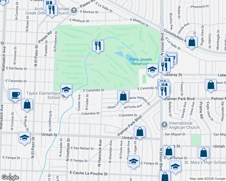 map of restaurants, bars, coffee shops, grocery stores, and more near 1314 East Buena Ventura Street in Colorado Springs