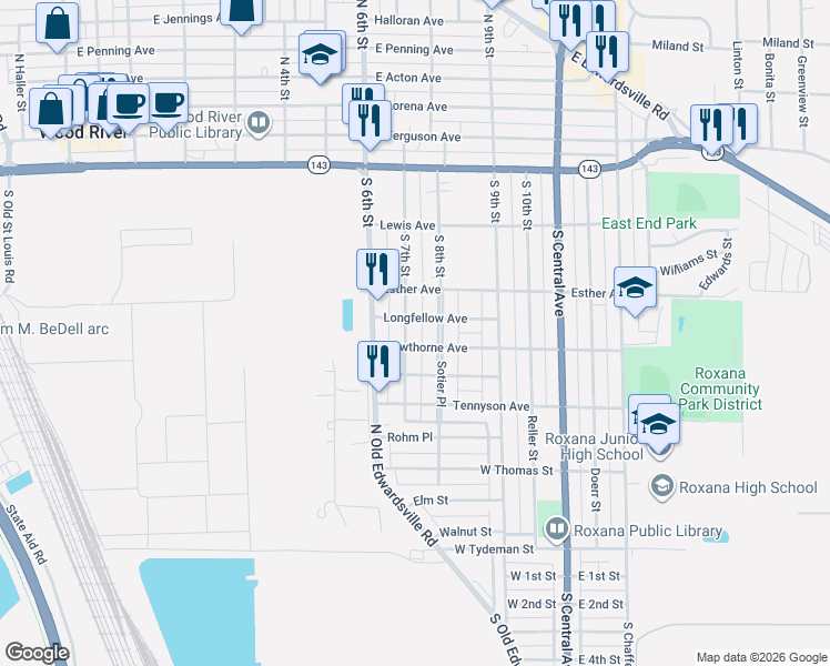 map of restaurants, bars, coffee shops, grocery stores, and more near 500 South 7th Street in Wood River
