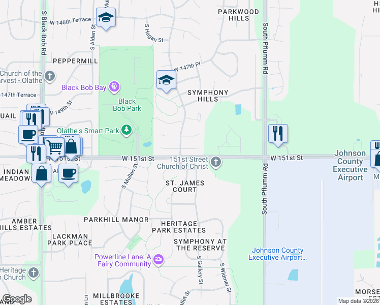 map of restaurants, bars, coffee shops, grocery stores, and more near 14048 West 151st Terrace in Olathe