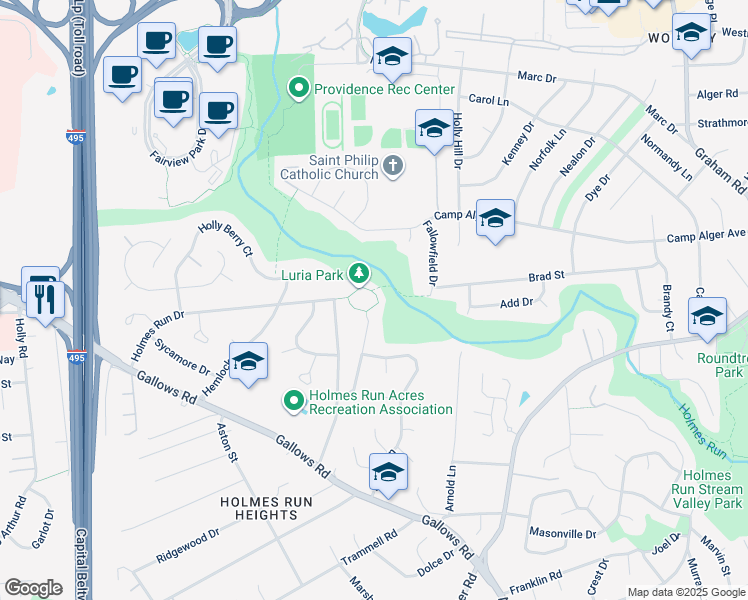 map of restaurants, bars, coffee shops, grocery stores, and more near 7624 Holmes Run Drive in Falls Church