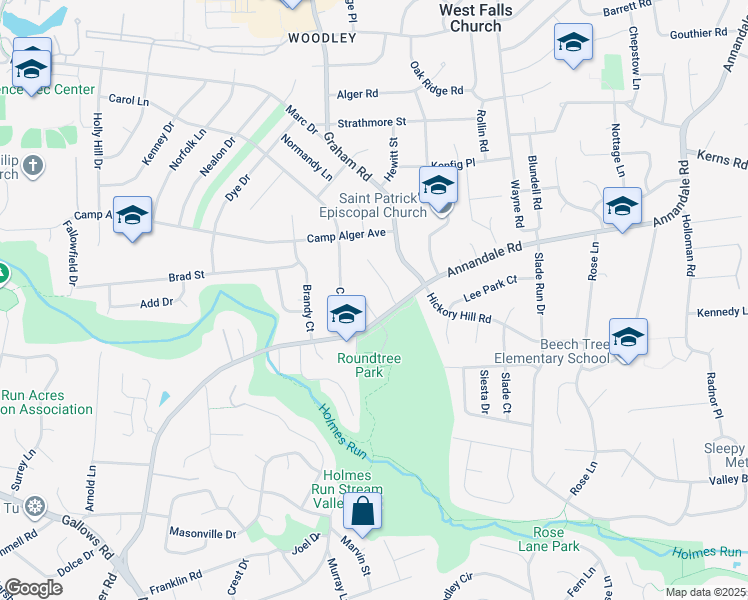 map of restaurants, bars, coffee shops, grocery stores, and more near 3357 Roundtree Estates Court in Falls Church