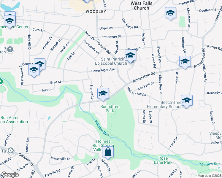 map of restaurants, bars, coffee shops, grocery stores, and more near 3357 Roundtree Estates Court in Falls Church