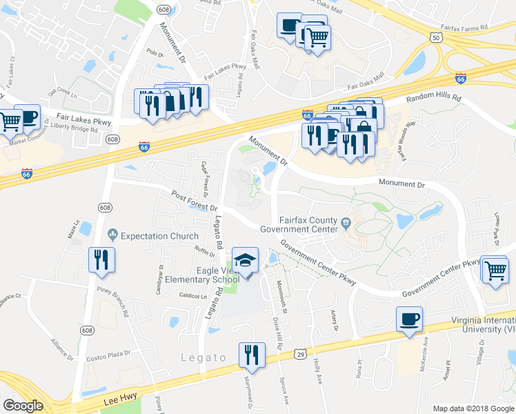map of restaurants, bars, coffee shops, grocery stores, and more near 12011 Government Center Pkwy in Fairfax