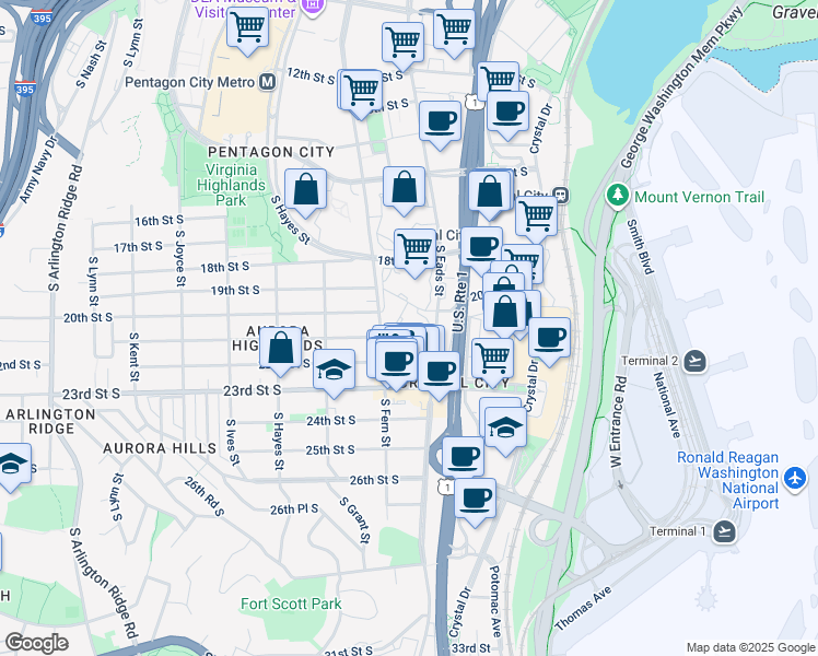 map of restaurants, bars, coffee shops, grocery stores, and more near 2000 South Eads Street in Arlington