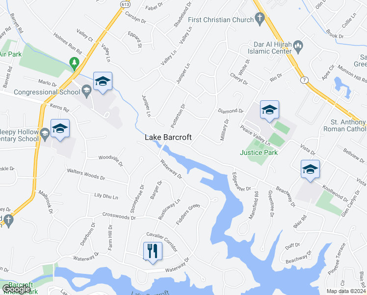 map of restaurants, bars, coffee shops, grocery stores, and more near 6325 Beachway Drive in Falls Church